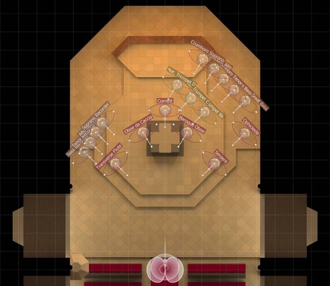 Vienna MIR Pro MIRx Mode instrument placement layout, showing various orchestral instruments like Crm horn, trumpet, recorder, oboe, flute, cornett, serpent, and Ophicleide arranged on a grid within a virtual venue.
