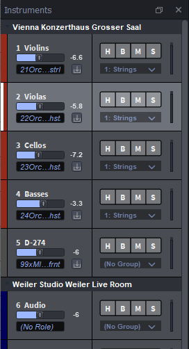 MIR Pro 3D plugin interface showing instrument routing for Violins, Violas, Cellos, Basses, and D-274, with levels, download icons, and group assignments for Vienna Konzerthaus Grosser Saal and Weiler Studio Weiler Live Room.