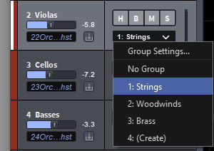 Software interface showing instrument channels Violas, Cellos, Basses, and a dropdown menu with options like Strings, Woodwinds, and Brass for routing audio sources in MIR Pro 3D.