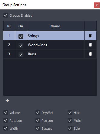 MIR Pro 3D Group Settings window showing instrument audio source routing for Strings, Woodwinds, and Brass, with options for volume, position, and stereo width.
