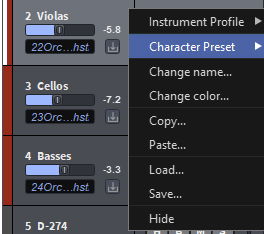 Screenshot of MIR Pro 3D software interface showing instrument tracks (Violas, Cellos, Basses) with a contextual menu open, highlighting Character Preset option for audio source routing and signal processing.