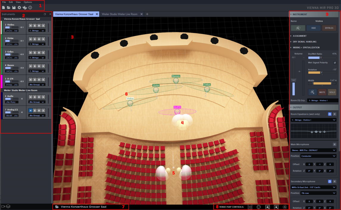 3D top-down view of Vienna MIR PRO 3D software GUI with a modeled concert hall venue, showing adjustable instrument positions for violins, violas, cellos, basses, and two microphones, alongside control panels for instruments, spatialization, and microphone settings.