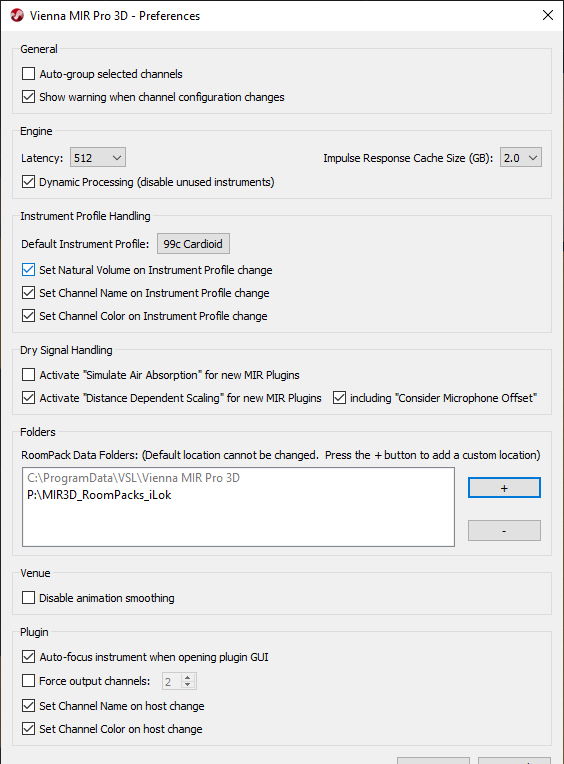 Vienna MIR Pro 3D Preferences window showing General, Engine, Instrument Profile Handling, Dry Signal Handling, Folders, Venue, and Plugin settings for audio software.