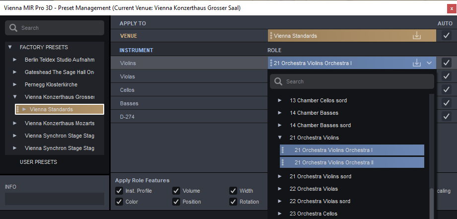 Software interface for Vienna MIR Pro 3D Preset Management, showing instrument settings. The Vienna Standards preset is selected, displaying options for violin, viola, cello, and bass instruments, with 21 Orchestra Violins Orchestra I highlighted. Customizable role features are visible.