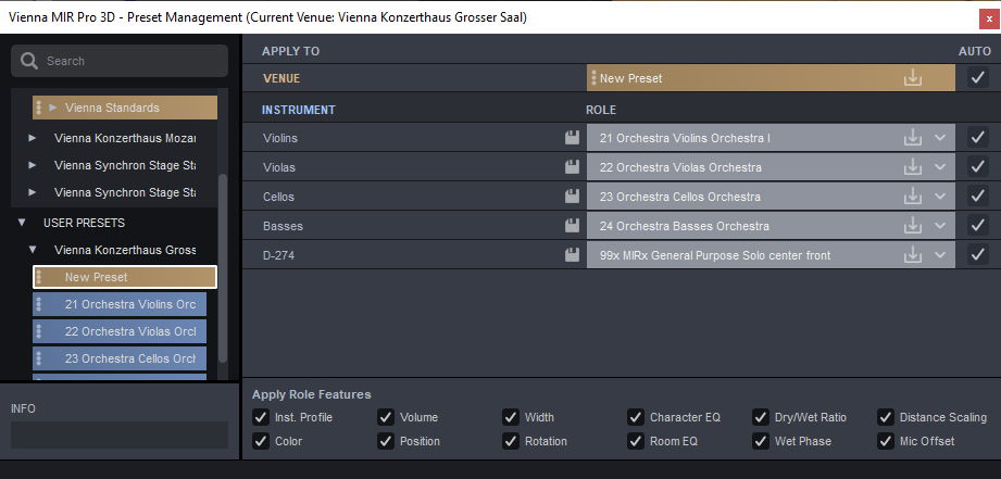 Vienna MIR Pro 3D software showing preset management, instrument settings for violins, violas, cellos, basses, and D-274, with options to apply role features like volume and position.