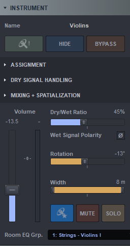Detailed instrument settings interface showing options for Violins, including volume, dry/wet ratio, rotation, and width controls within Venue software.