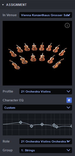 A user interface screenshot displaying instrument settings with 21 orchestral violins arranged in a semi-circle, showing Vienna Konzerthaus Grosser Saal as the venue, profile, character EQ, role, and group settings.