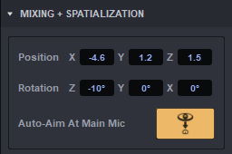 Mixing and spatialization settings in Venue view, showing controls for instrument position (X, Y, Z coordinates), instrument rotation (Z, Y, X degrees), and an enabled Auto-Aim At Main Mic button.