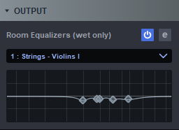 Digital audio software interface displaying output settings with an activated Room Equalizers section for audio equalization, showing an EQ curve for Strings - Violins I.