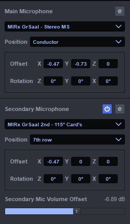 User interface showing main and secondary microphone output settings, including position, offset, and rotation for audio equalization.