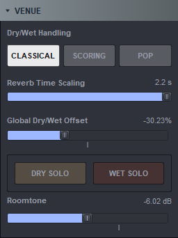 Digital audio workstation showing venue handling settings for dry/wet volume, reverb time, and roomtone adjustment.