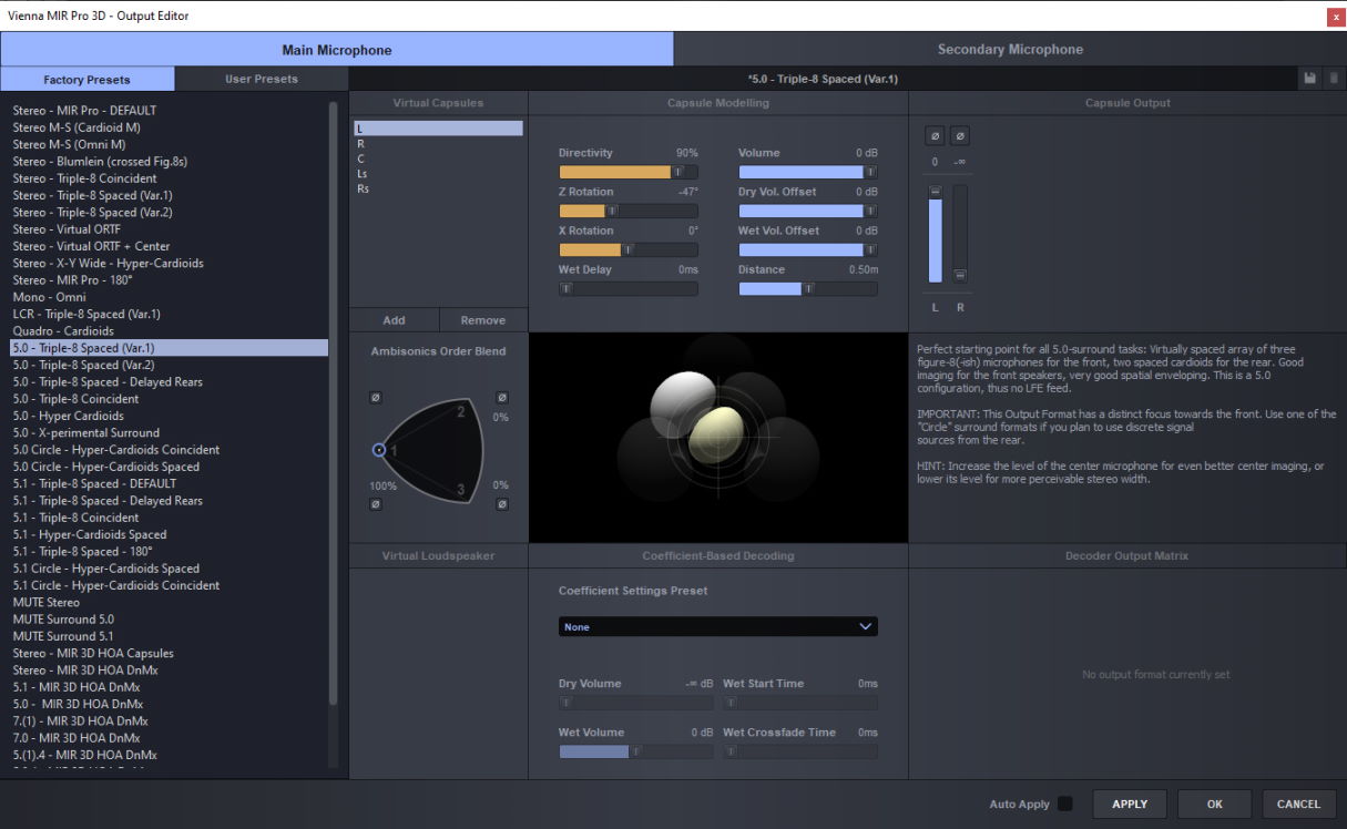 Vienna MIR Pro 3D Output Editor user interface showing Factory Presets, Capsule Modelling, Ambisonics Order Blend, and sound configuration settings for 5.0-surround tasks and 3D audio, with 5.0 - Triple-8 Spaced (Var.1) selected.