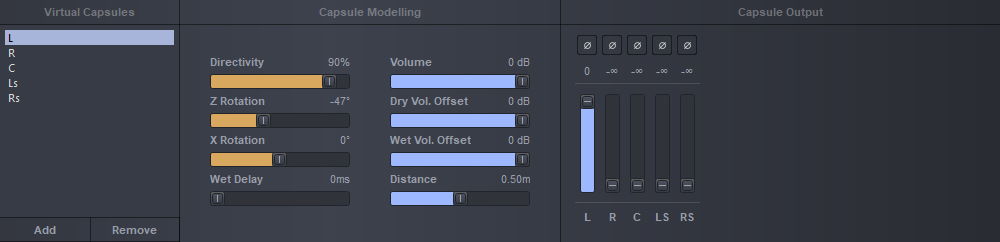 MIR Pro 3D Output Editor showing virtual capsules, capsule modeling with directivity, rotation, wet delay, volume, and distance settings, and capsule output controls for L, R, C, Ls, Rs channels.