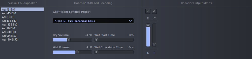 MIR Pro 3D Output Editor interface showing virtual loudspeaker settings, coefficient-based decoding options including preset selection and dry/wet volume controls, and a decoder output matrix with master fader for audio output.