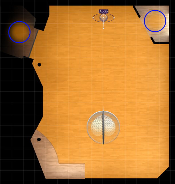 Top-down view of a default virtual venue layout for a MIR project, showing a wooden floor grid, an audio source labeled Audio, and highlighted blue circles indicating potential interactive zones.