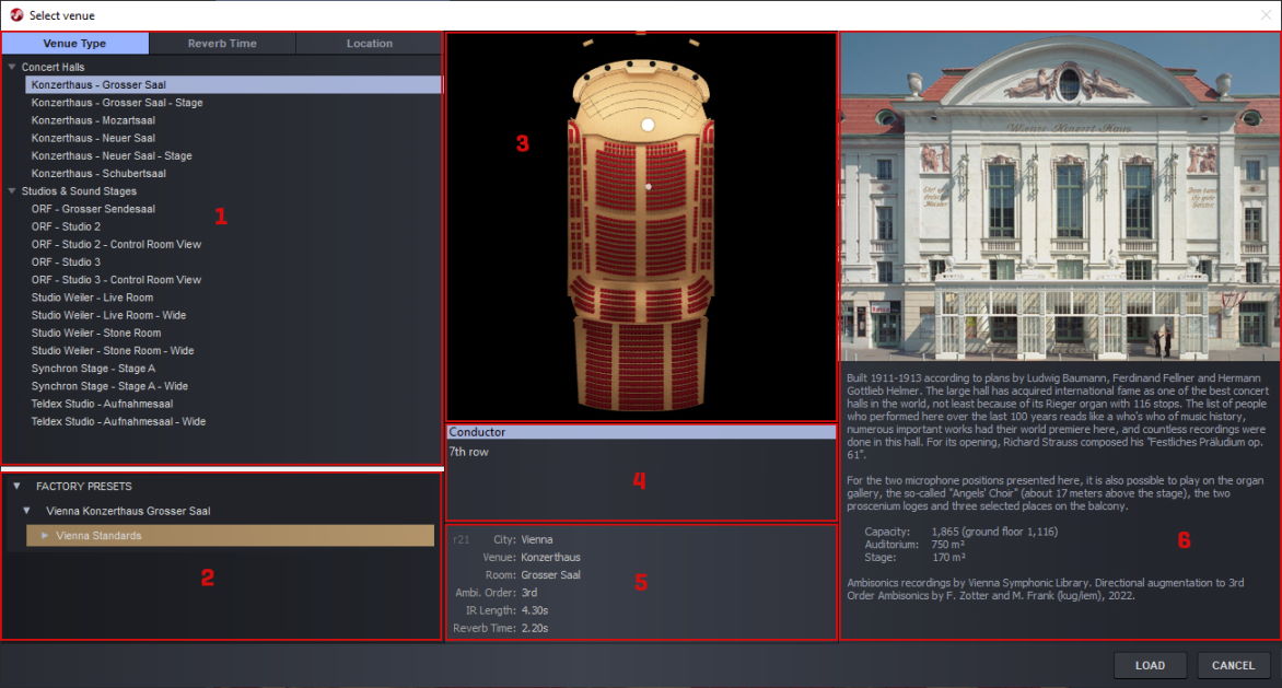 A MIR project interface displaying venue selection options (1), factory presets (2), an overhead view of a concert hall with seating (3), conductor position details (4), venue information (5), and general venue details with a photo of the Konzerthaus building (6).