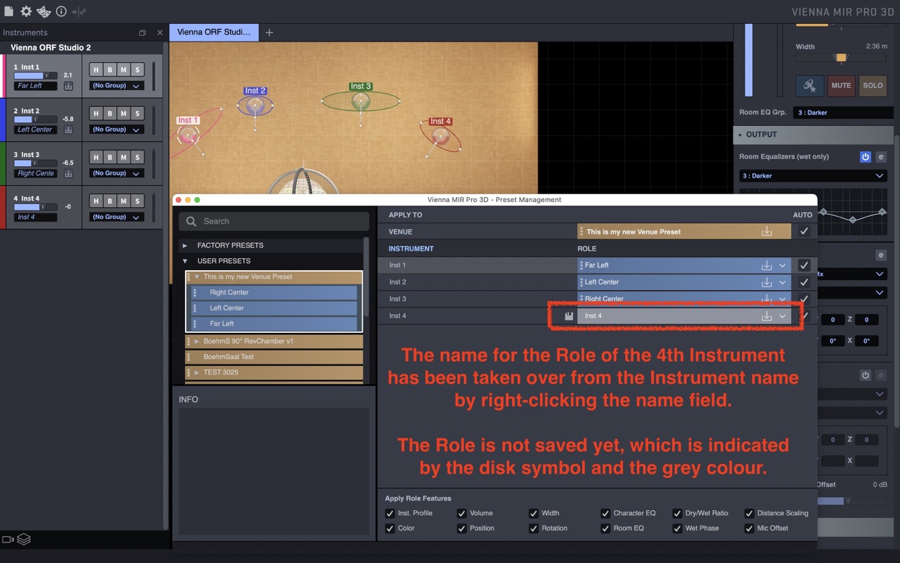 Screenshot of Vienna MIR Pro 3D software showing a user interface for managing instrument roles and presets, highlighting how clicking the name field assigns a role to an instrument, with explanatory text about unsaved changes.