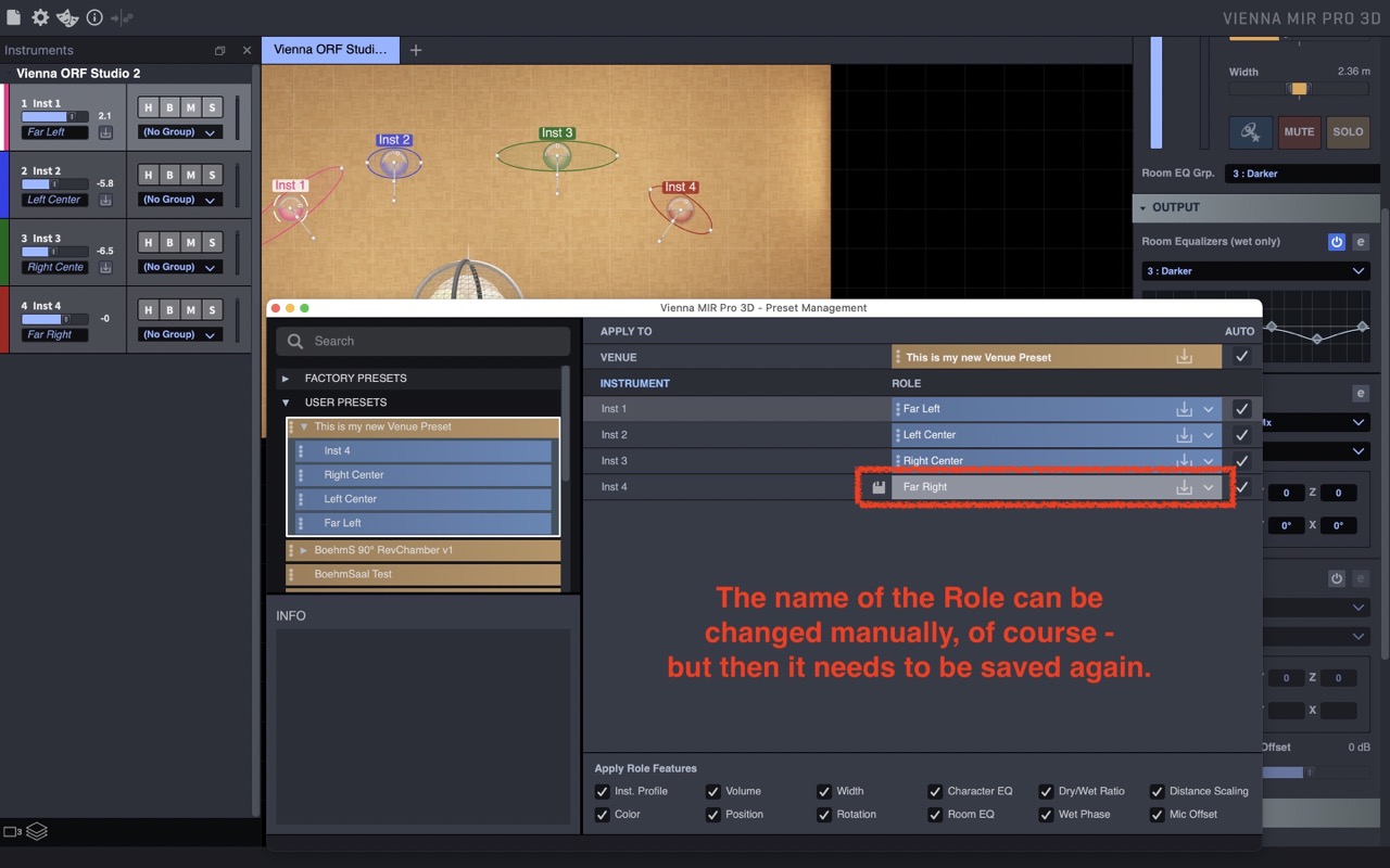 Vienna MIR Pro 3D software screenshot, demonstrating preset management with Instrument and Role settings, including Far Left, Left Center, Right Center, and Far Right roles, relevant for Vienna Synchron products.