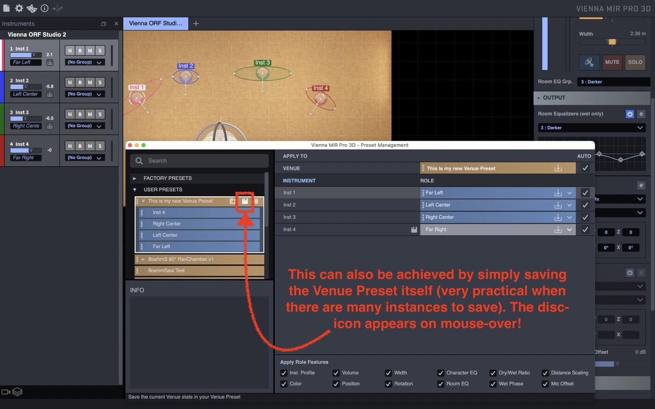 Vienna MIR Pro 3D software interface demonstrating instrument and role assignments within a venue preset, highlighted by an arrow pointing to the save icon for easy preset management.