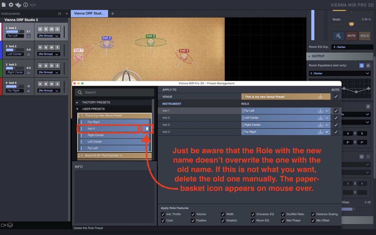 Vienna MIR Pro 3D Preset Management showing instrument roles like Far Left and Right, with a highlighted option to delete roles using a trash can icon to avoid overwriting existing names.