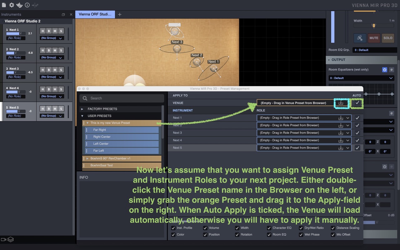 Vienna MIR Pro 3D software interface demonstrating assigning presets, showing drag-and-drop functionality for Venue and Instrument Roles in audio mixing.