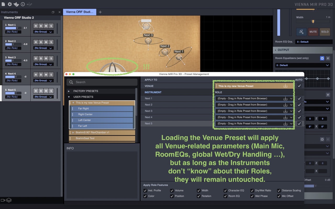 Software interface showing Vienna MIR Pro 3D preset management with a Venue Preset selected, applying global room parameters but retaining instrument roles for audio production and spatial sound design.