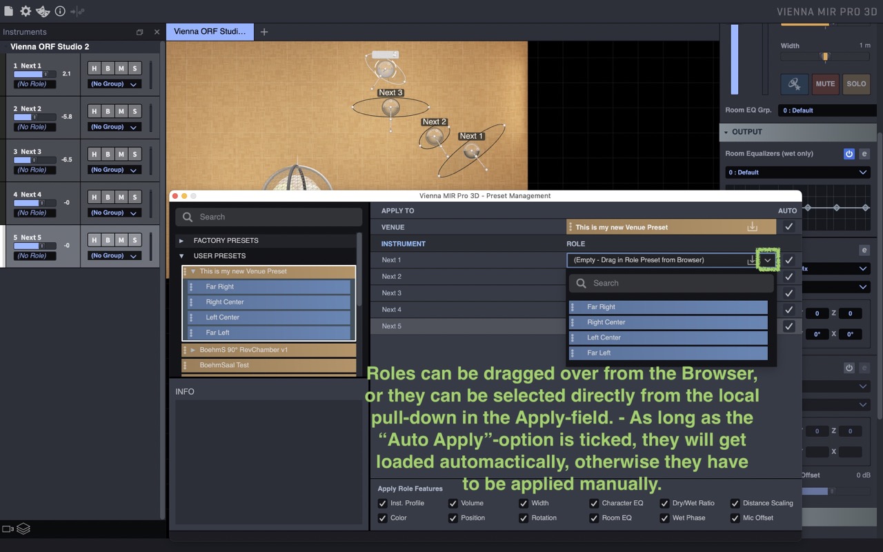 Vienna MIR Pro 3D software interface with Preset Management window open, showing options for Venue and Instrument roles with user presets like Far Right, Right Center, Left Center, and Far Left for spatial audio configuration.