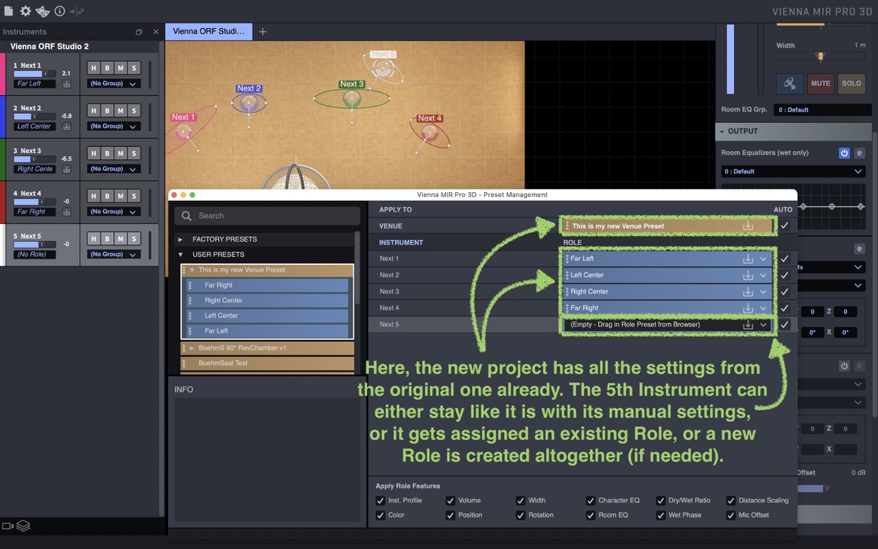 Vienna MIR Pro 3D software showing preset management, venue settings, instrument roles, and feature application for audio mixing and spatialization.