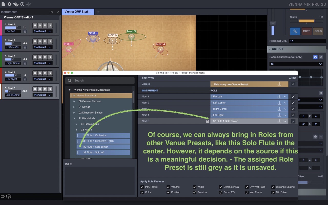 Vienna MIR Pro 3D interface showing instrument placement, search for 32 Flute 1 Solo center, and a text overlay discussing bringing Roles from other Venue Presets, highlighting a solo flute placement.