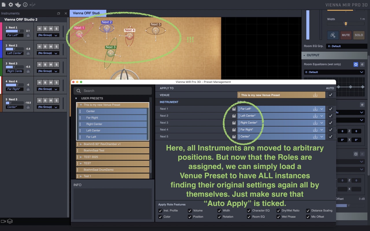 Vienna MIR Pro 3D software interface showing instrument positions, user presets, and role assignments for audio mixing, with green circles highlighting key elements like instrument roles and preset management.