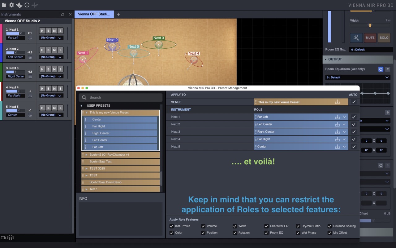 Vienna MIR Pro 3D plugin interface showing spatialization and preset management, including instrument placement and role assignment for audio production.