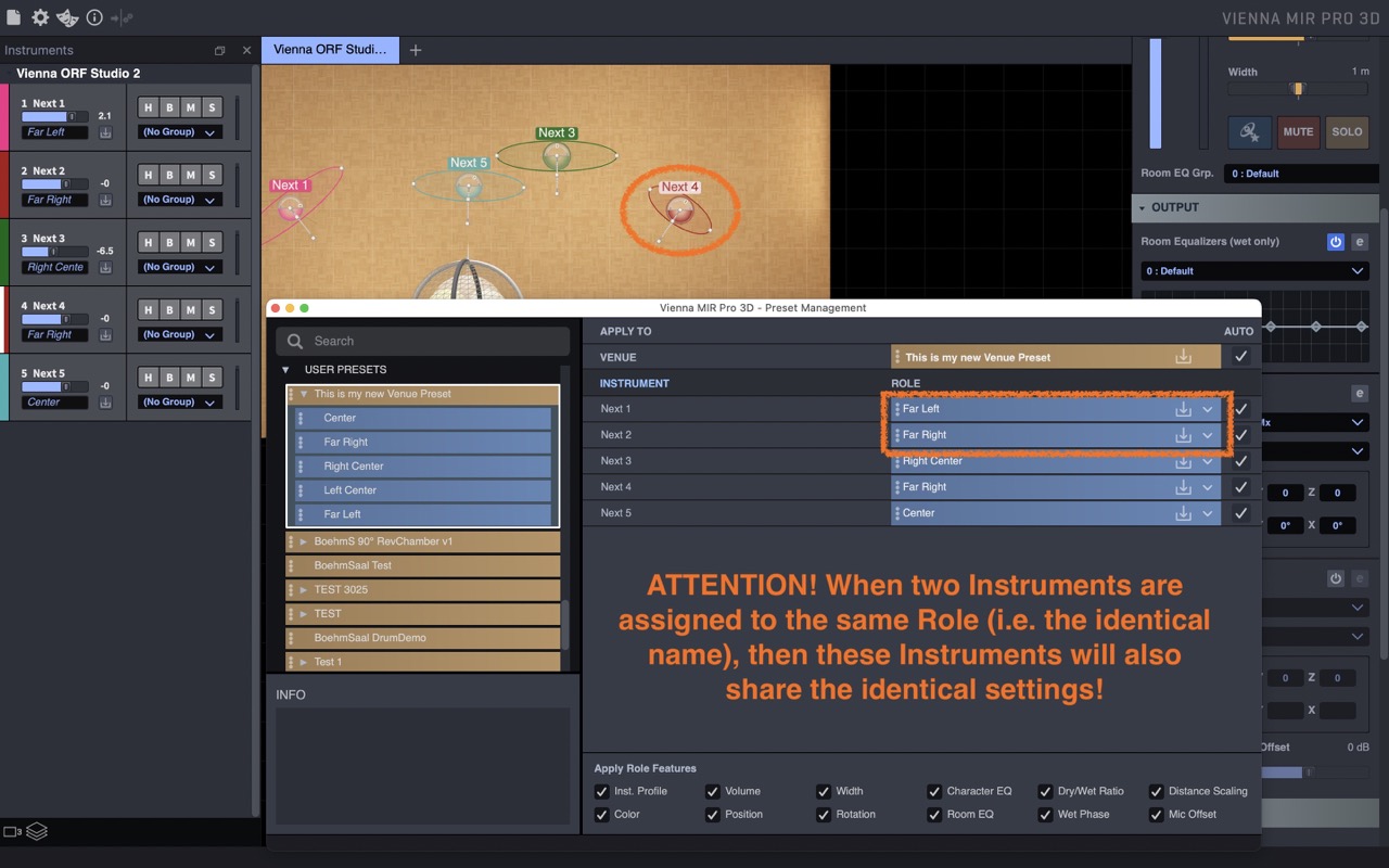 Vienna MIR Pro 3D software showing instrument roles, venue presets, and audio settings for music production.