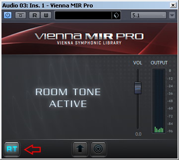 Vienna MIR Pro plugin interface showing Room Tone active setting with controls for volume and output.