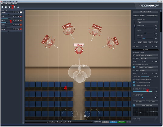 Vienna MIR Pro software interface showing instrument placement (vocals, violin, viola, cello, bass), microphone positions, and reverb settings for spatial audio mixing.