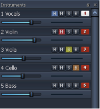 Vienna MIR Pro plugin interface showing instrument tracks: Vocals, Violin, Viola, Cello, and Bass, with level sliders and H, M, S, B controls.
