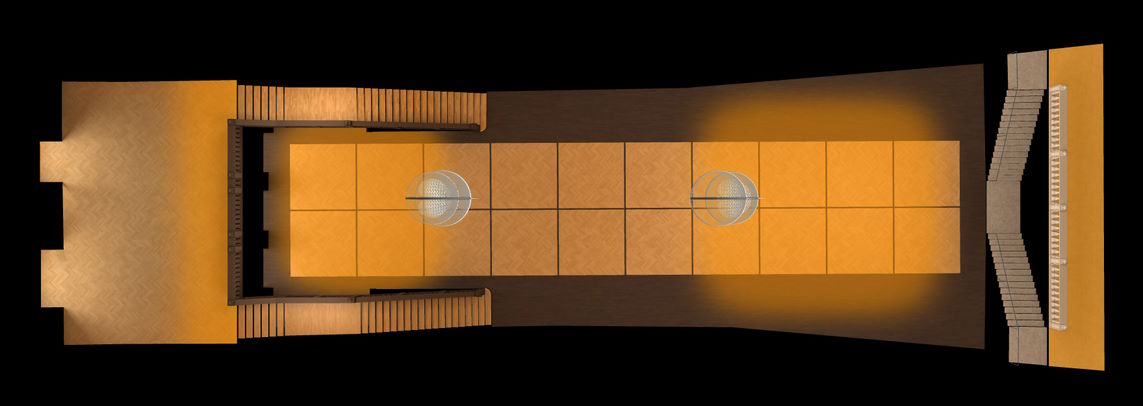 Overhead view of the Vienna MIR RoomPack 7 Grosses Festspielhaus stage setup. The wooden stage floor has a light brown herringbone pattern, with a dark brown front edge. Two large, circular, metal, mesh-like light fixtures are suspended above the stage. On the left side of the stage is a light brown wooden wall with a darker brown base and a small balcony railing. A set of zig-zagged stairs with a handrail are on the right side of the stage. Faint yellow light glows from the front edge of the stage, the left wall, and the right stairs.