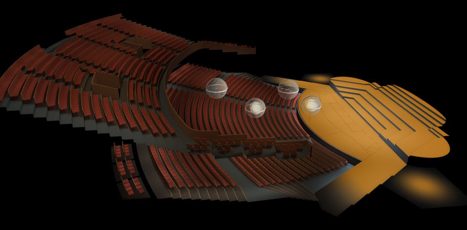 Isometric 3D rendering of the Grosses Festspielhaus Salzburg interior showing seating sections with red seats and brown stage, with four clear spheres representing acoustic measurement points placed within the space.