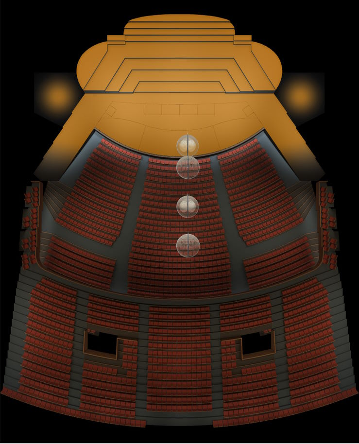 Top-down view of Grosses Festspielhaus Salzburg virtual acoustics model or seating plan with stage, orchestra, and balcony seating sections, spherical microphones visible in the front rows.