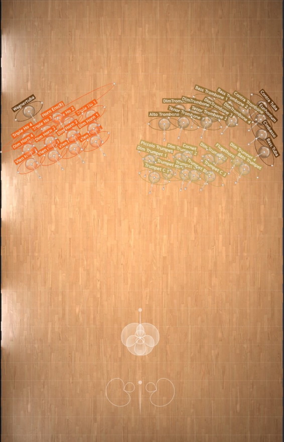 Top-down view of Vienna MIR Pro's MIRx Mode, showing virtual instrument placements like crumhorns, trumpets, oboes, and recorders on a wood floor surface with an acoustic diagram in the upper right.