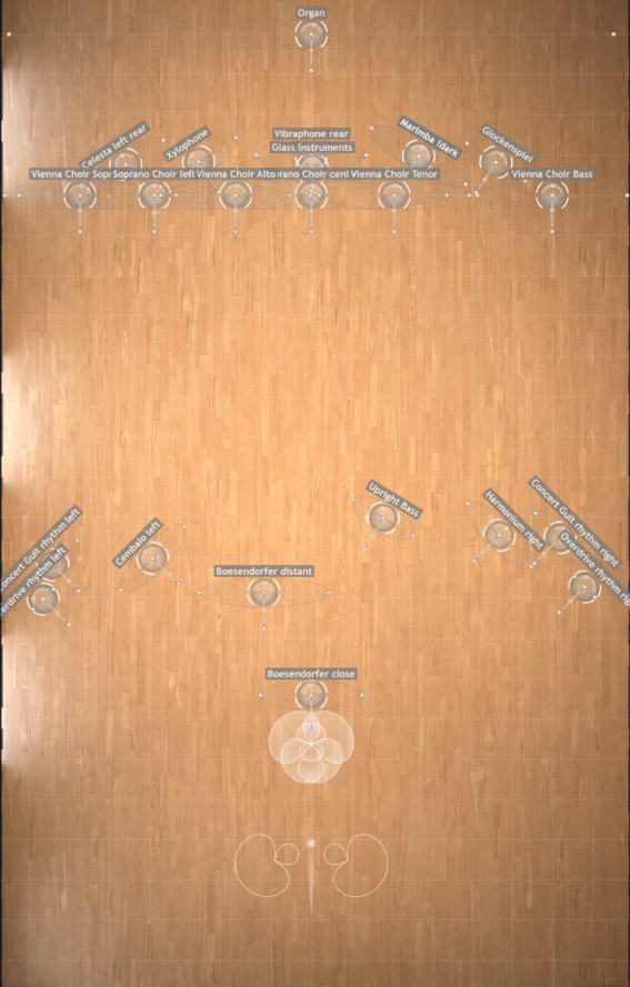 MIRx Mode default instrument placement and microphone positions within Vienna MIR Pro showing woodwind and saxophone sections in a virtual venue.