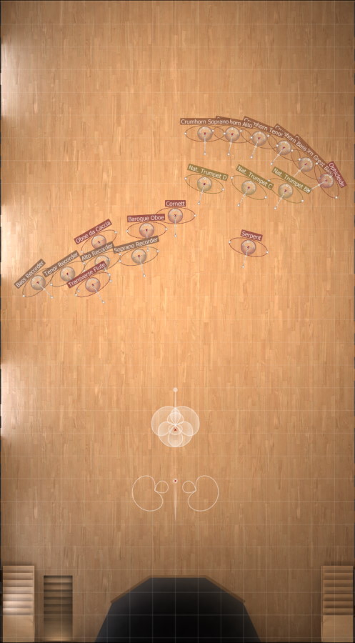 MIRx Mode example showing instrument placement in Vienna MIR Pro: Tubular Bells, Plate Bells, Small Bells, Gongs, and Tamtams in a venue layout.