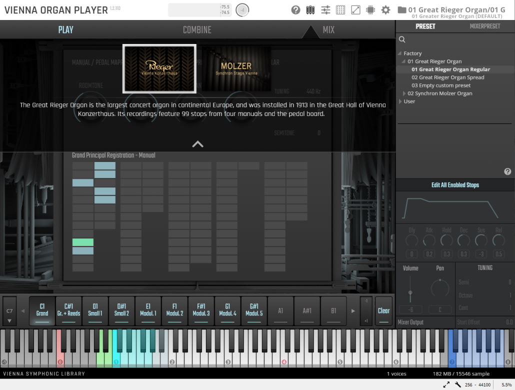 Virtual grand organ software interface for Vienna Symphonic Library featuring a keyboard, sound registration controls, and Rieger and Molzer organ selections.