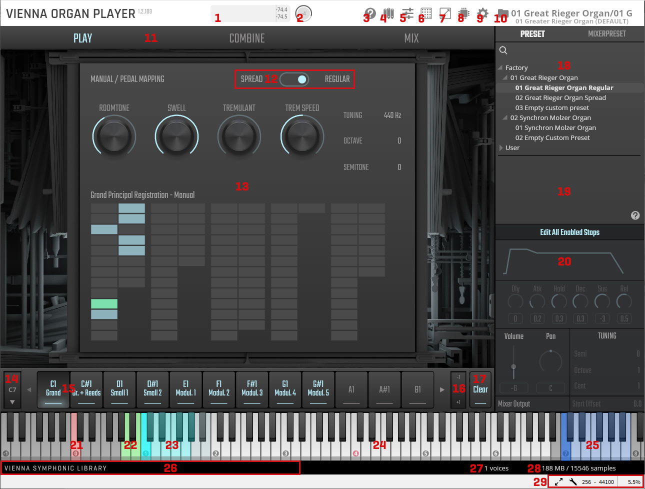 Vienna Organ Player user interface, showing instrument settings including manual/pedal mapping, roomtone, and swell, alongside a virtual keyboard for an organ stop, and preset selection.
