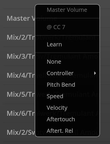 Software graphical user interface (GUI) displaying a dropdown menu for Master Volume with options like Controller, Pitch Bend, Speed, Velocity, and Aftertouch, used for configuring sound units in electronic music software.