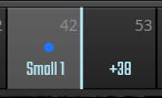Screenshot of music software GUI showing dark grey buttons with Small 1 and +38 labels, illustrating an organ stop selection in an electronic music patch.