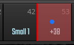 GUI screenshot showing a highlighted red block with the number 53, a small blue dot, and the text +38, next to a black block with Small 1 and the number 42, illustrating electronic music software interface.