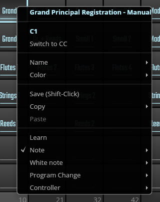 Graphical user interface context menu with options for Grand Principal Registration, including C1, Switch to CC, Name, Color, Save, Copy, Paste, Learn, Note (checked), White note, Program Change, and Controller, representing organ stop settings.