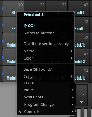 Graphical user interface (GUI) context menu showing options like Principal 8', Modul, Save, Copy, Learn, Note, Program Change, and Controller in music software.