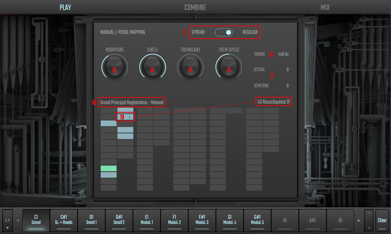 Digital audio workstation (DAW) interface displaying the PLAY tab with manual/pedal mapping controls, including roomtone, swell, tremulant, trem speed, tuning, octave, and semitone adjustments, and registration selection for a musical performance.