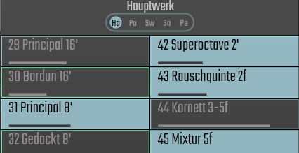 Digital organ Hauptwerk combine tab showing various Principal, Bordun, Gedackt, Superoctave, Rauschquinte, Kornett, Mixtur stops for sound registration.